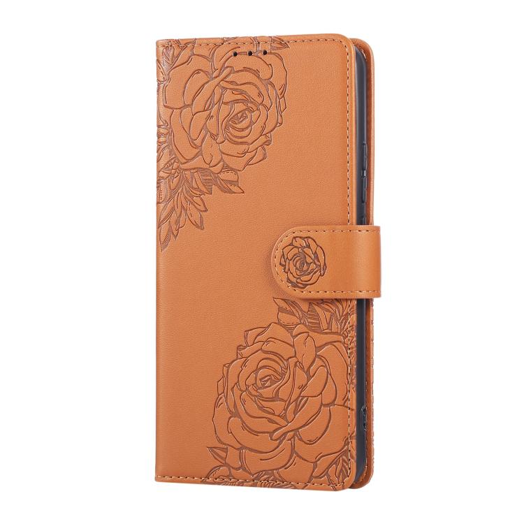 Custodia per telefono in pelle con tre scomparti per carte e motivo a rosa in rilievo., For Samsung Galaxy S22 5G