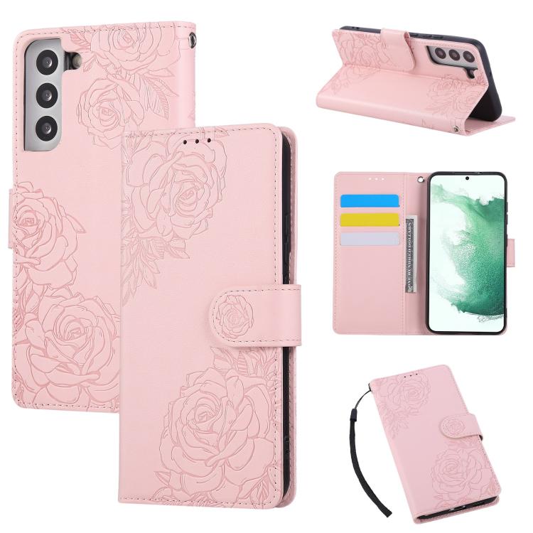 Custodia per telefono in pelle con tre scomparti per carte e motivo a rosa in rilievo., For Samsung Galaxy S22 5G