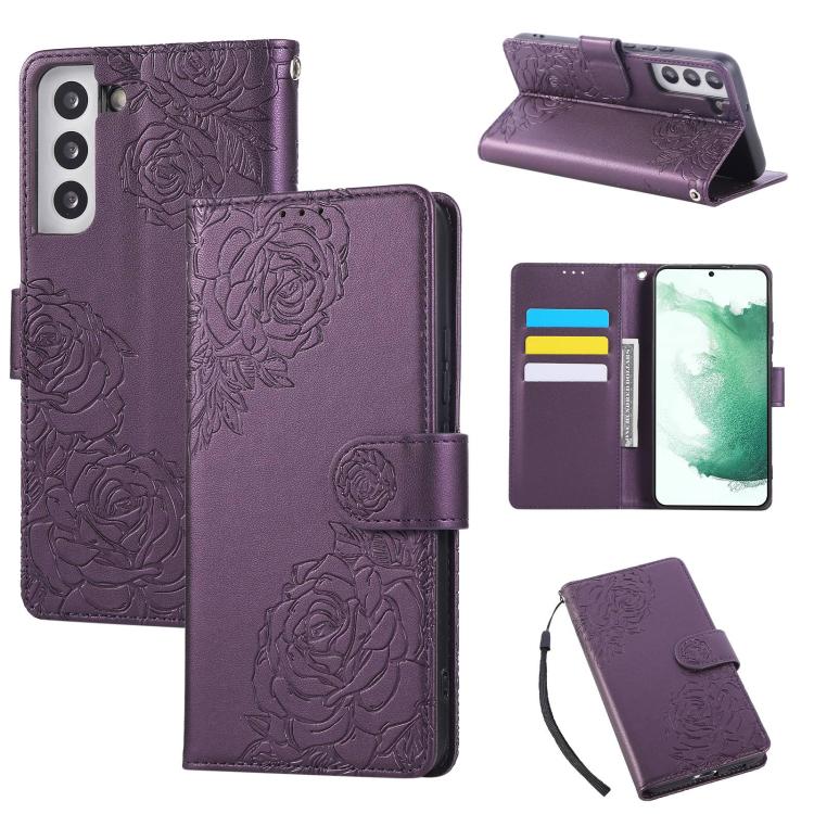 Custodia per telefono in pelle con tre scomparti per carte e motivo a rosa in rilievo., For Samsung Galaxy S22 5G
