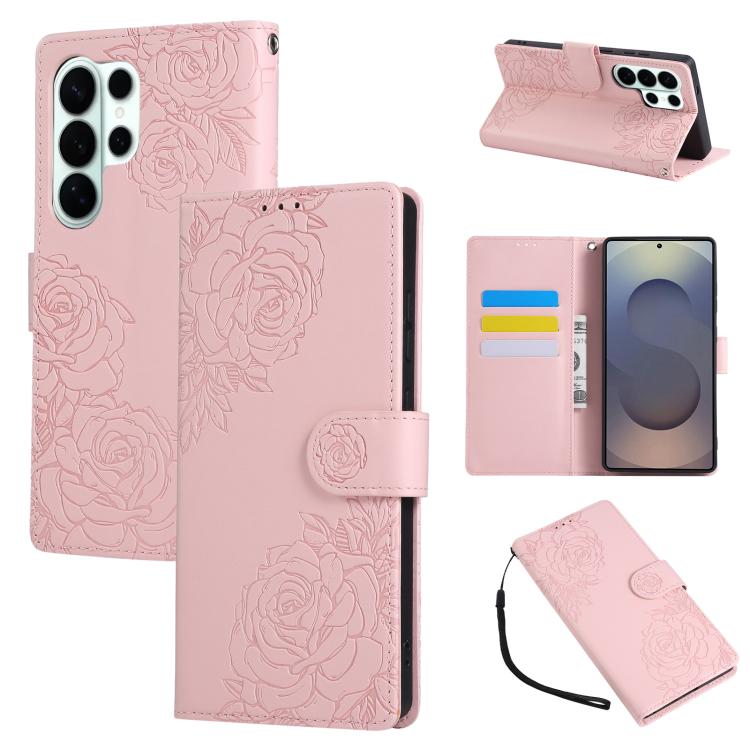 Custodia per telefono in pelle con tre scomparti per carte e motivo a rosa in rilievo., For Samsung Galaxy S26+ 5G, For Samsung Galaxy S26 Ultra 5G, For Samsung Galaxy S26 5G, For Samsung Galaxy S25 FE 5G