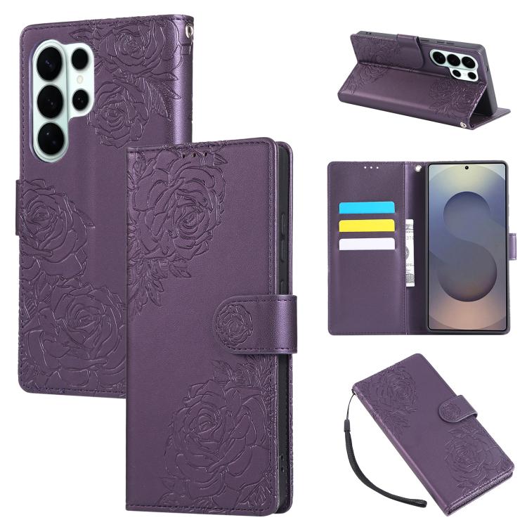 Custodia per telefono in pelle con tre scomparti per carte e motivo a rosa in rilievo., For Samsung Galaxy S26+ 5G, For Samsung Galaxy S26 Ultra 5G, For Samsung Galaxy S26 5G, For Samsung Galaxy S25 FE 5G