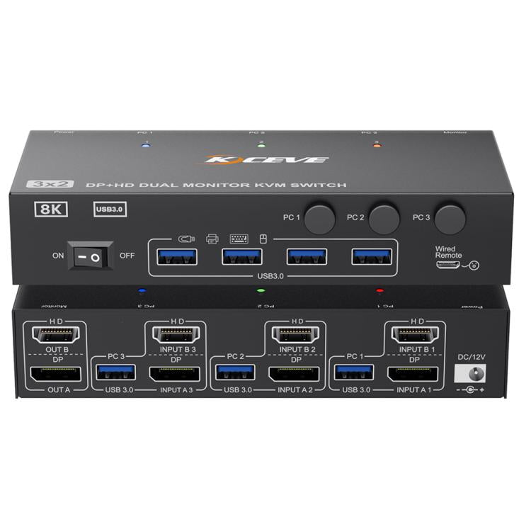 KCEVE KC-KVM302DH 8K 60Hz HDMI and DP and USB3.0 Dual Monitor KVM Switch, US Plug, EU Plug, UK Plug, AU Plug
