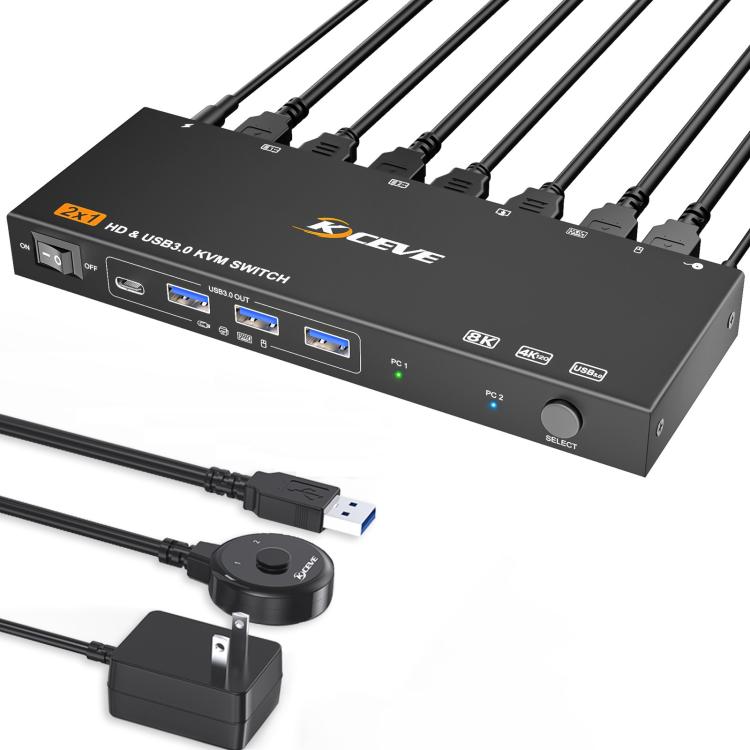 KCEVE KC-KVM9201 8K 60Hz HDMI and USB3.0 Monitor KVM Switch, US Plug, EU Plug, UK Plug, AU Plug