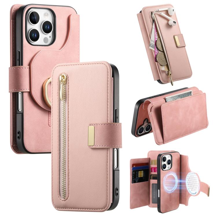 Portafoglio con cerniera ad anelli, protezione RFID, custodia per telefono in pelle MagSafe, For iPhone 17e / 16e, For iPhone 16 Pro Max, For iPhone 16 Pro