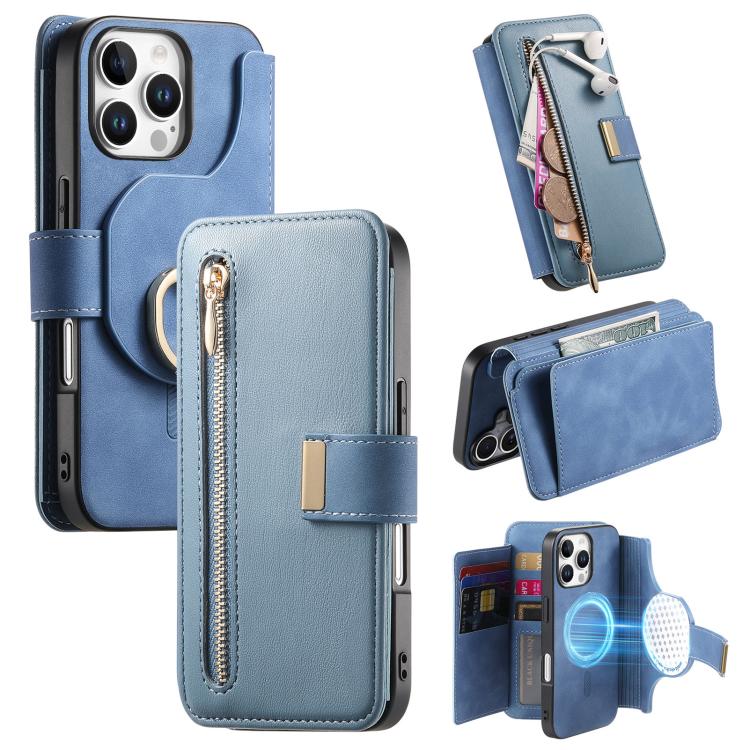 Portafoglio con cerniera ad anelli, protezione RFID, custodia per telefono in pelle MagSafe, For iPhone 17e / 16e, For iPhone 16 Pro Max, For iPhone 16 Pro