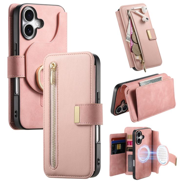 Portafoglio con cerniera ad anelli, protezione RFID, custodia per telefono in pelle MagSafe, For iPhone 16 Plus, For iPhone 16, For iPhone 15 Pro Max