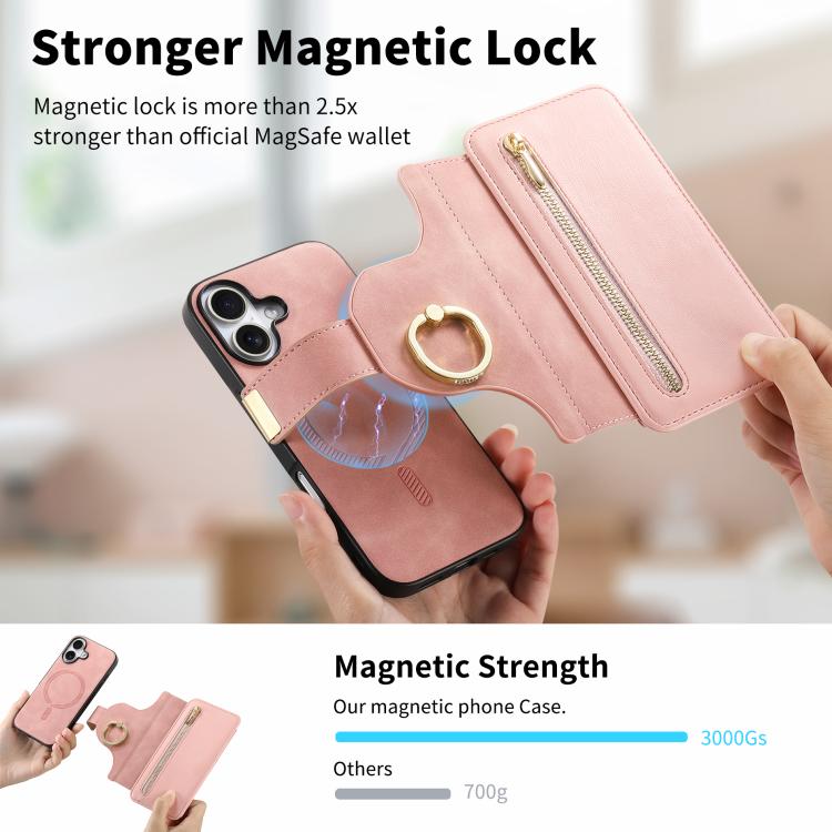 Portafoglio con cerniera ad anelli, protezione RFID, custodia per telefono in pelle MagSafe, For iPhone 16 Plus, For iPhone 16, For iPhone 15 Pro Max