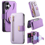 Portafoglio con cerniera ad anelli, protezione RFID, custodia per telefono in pelle MagSafe, For iPhone 16 Plus, For iPhone 16, For iPhone 15 Pro Max