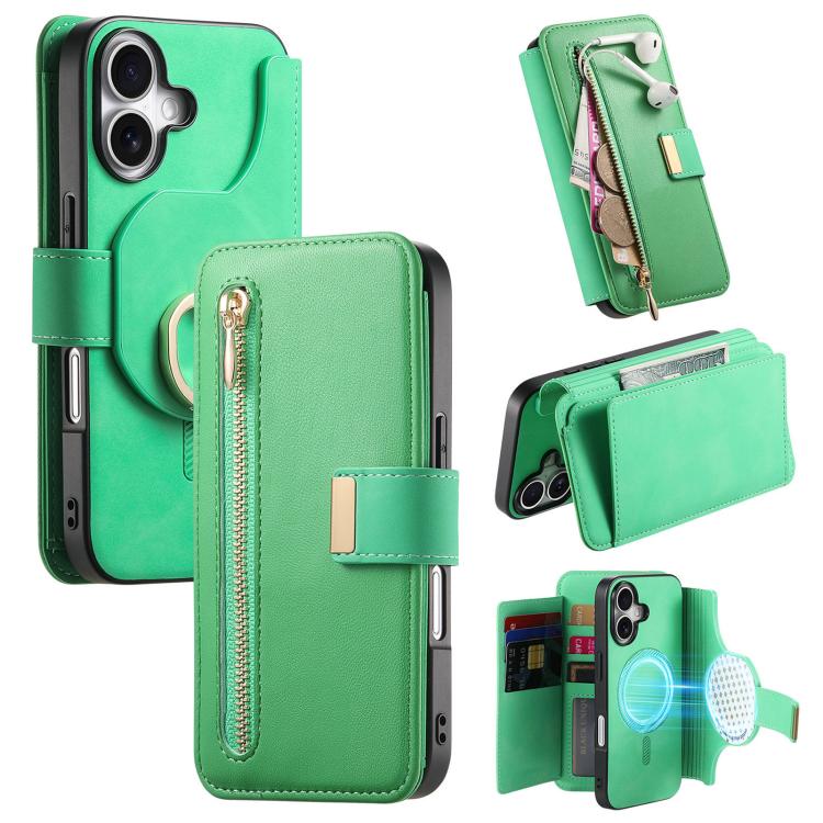 Portafoglio con cerniera ad anelli, protezione RFID, custodia per telefono in pelle MagSafe, For iPhone 16 Plus, For iPhone 16, For iPhone 15 Pro Max