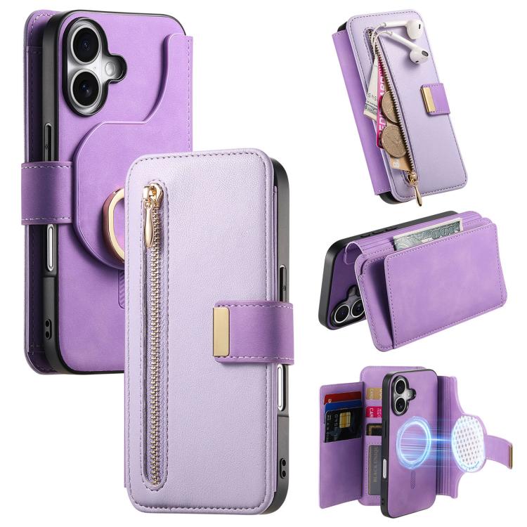 Portafoglio con cerniera ad anelli, protezione RFID, custodia per telefono in pelle MagSafe, For iPhone 16 Plus, For iPhone 16, For iPhone 15 Pro Max
