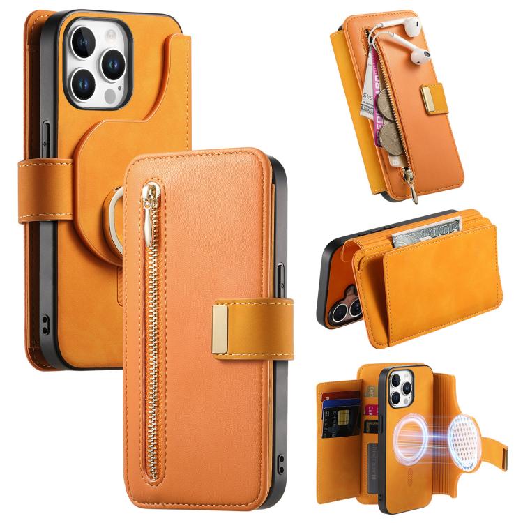 Portafoglio con cerniera ad anelli, protezione RFID, custodia per telefono in pelle MagSafe, For iPhone 16 Plus, For iPhone 16, For iPhone 15 Pro Max