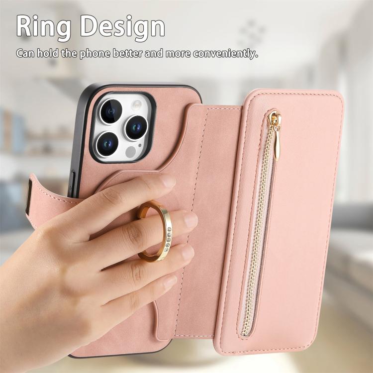 Portafoglio con cerniera ad anelli, protezione RFID, custodia per telefono in pelle MagSafe, For iPhone 15 Pro, For iPhone 15 Plus, For iPhone 15