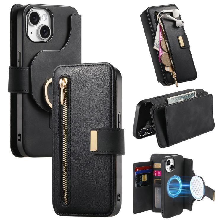 Portafoglio con cerniera ad anelli, protezione RFID, custodia per telefono in pelle MagSafe, For iPhone 15 Pro, For iPhone 15 Plus, For iPhone 15