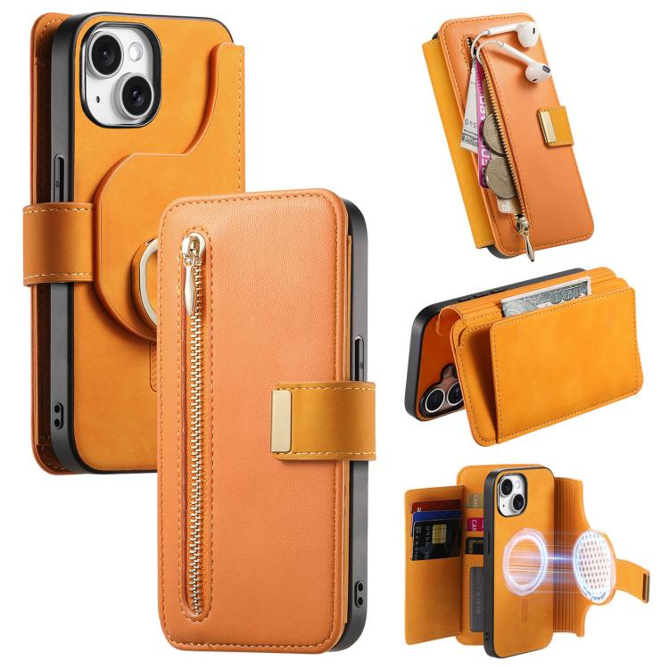 Portafoglio con cerniera ad anelli, protezione RFID, custodia per telefono in pelle MagSafe, For iPhone 15 Pro, For iPhone 15 Plus, For iPhone 15