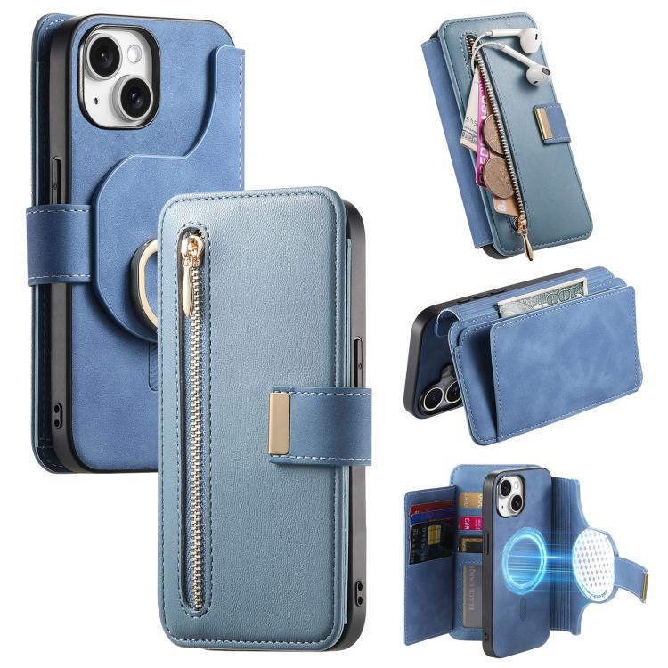 Portafoglio con cerniera ad anelli, protezione RFID, custodia per telefono in pelle MagSafe, For iPhone 14 Plus, For iPhone 14, For iPhone 14 Pro