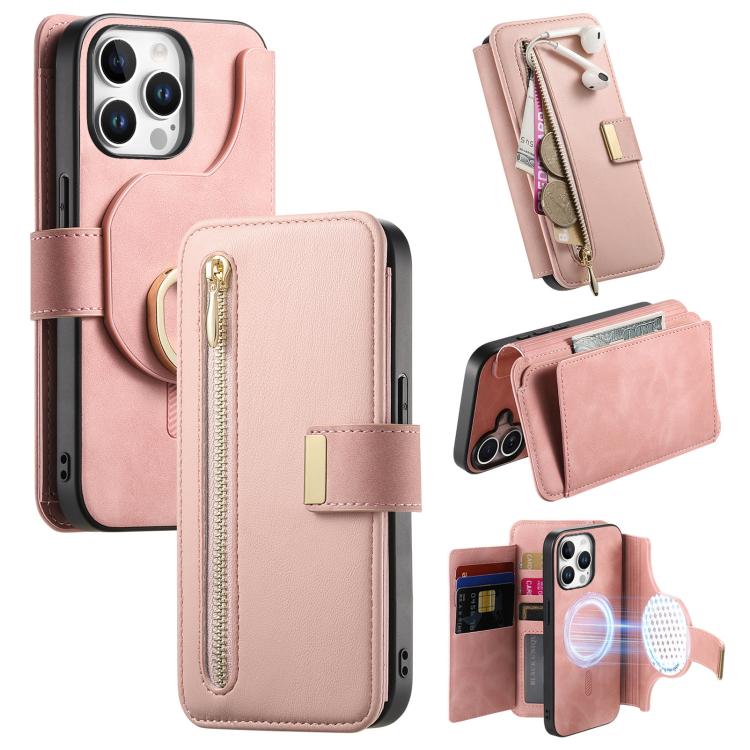 Portafoglio con cerniera ad anelli, protezione RFID, custodia per telefono in pelle MagSafe, For iPhone 14 Plus, For iPhone 14, For iPhone 14 Pro