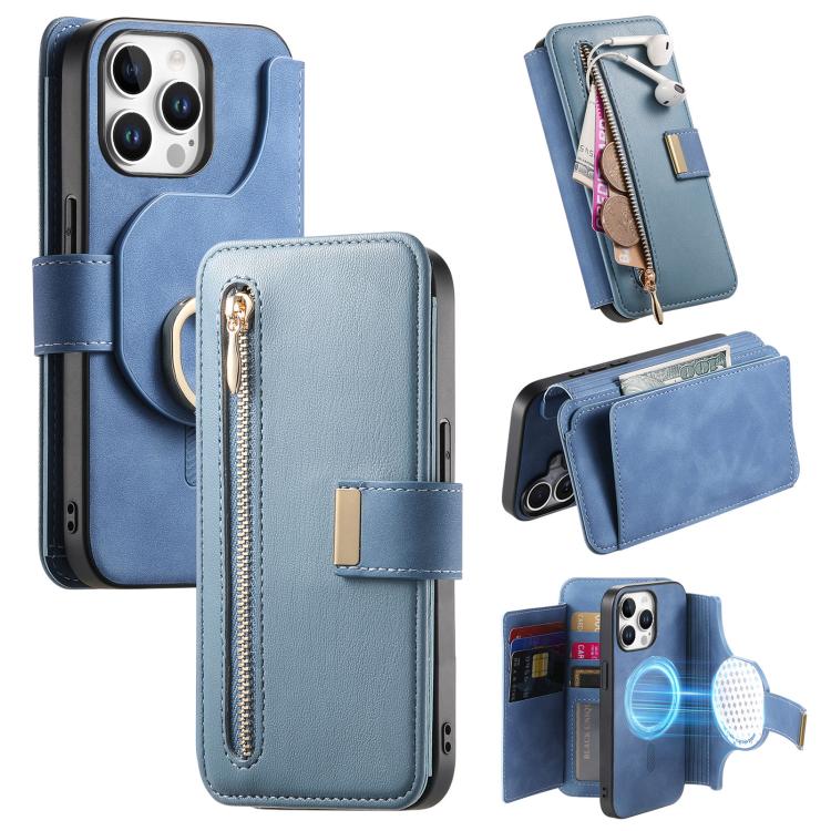 Portafoglio con cerniera ad anelli, protezione RFID, custodia per telefono in pelle MagSafe, For iPhone 14 Pro Max, For iPhone 13 Pro Max, For iPhone 13 Pro