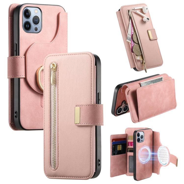 Portafoglio con cerniera ad anelli, protezione RFID, custodia per telefono in pelle MagSafe, For iPhone 13, For iPhone 12 / 12 Pro, For iPhone 12 Pro Max