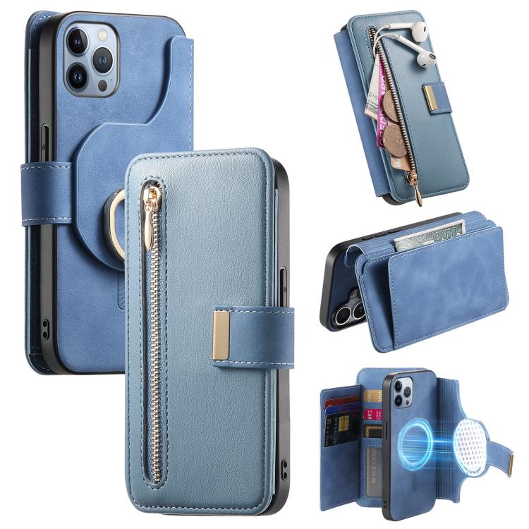 Portafoglio con cerniera ad anelli, protezione RFID, custodia per telefono in pelle MagSafe, For iPhone 13, For iPhone 12 / 12 Pro, For iPhone 12 Pro Max