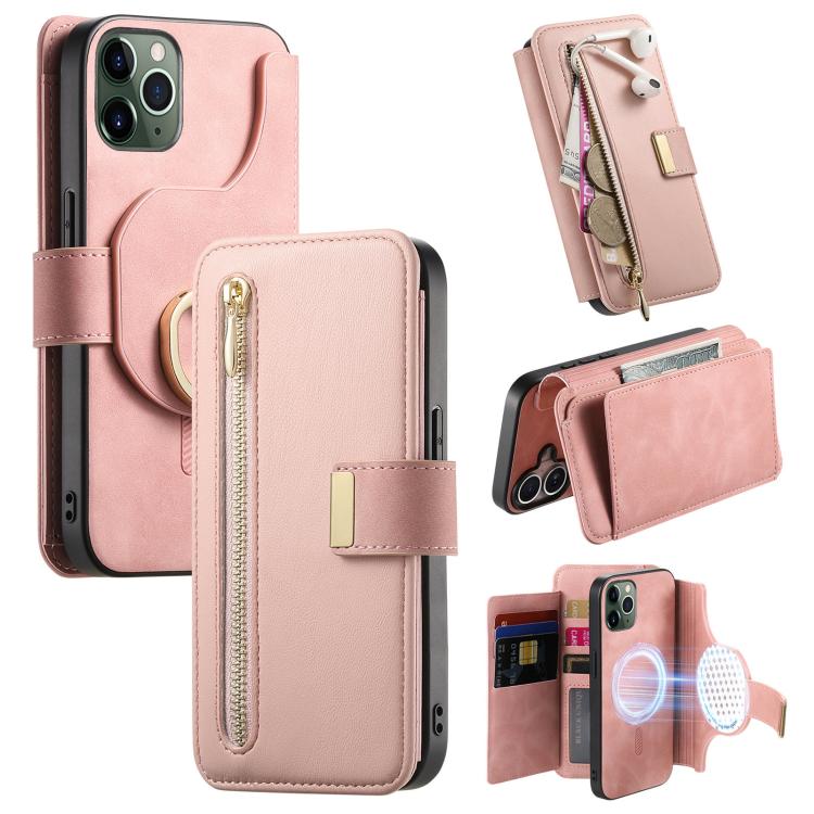 Portafoglio con cerniera ad anelli, protezione RFID, custodia per telefono in pelle MagSafe, For iPhone 11 Pro Max, For iPhone 11, For iPhone 11 Pro