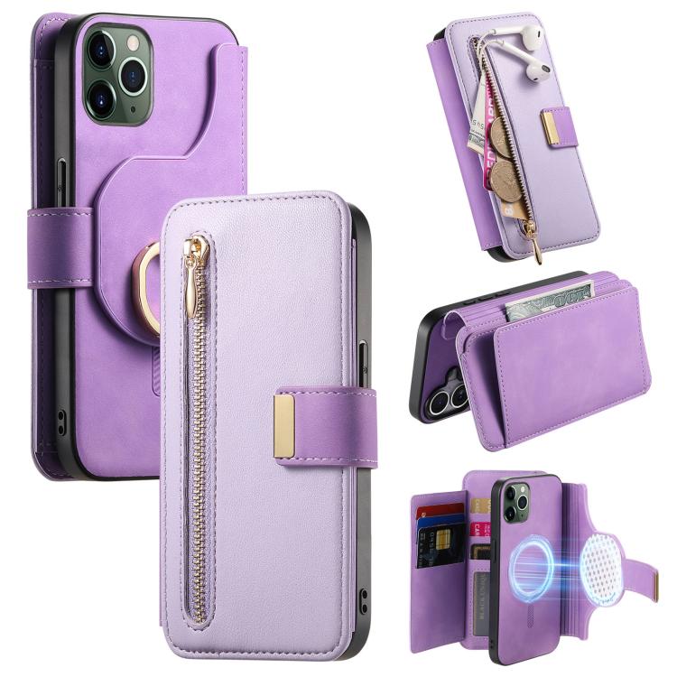 Portafoglio con cerniera ad anelli, protezione RFID, custodia per telefono in pelle MagSafe, For iPhone 11 Pro Max, For iPhone 11, For iPhone 11 Pro