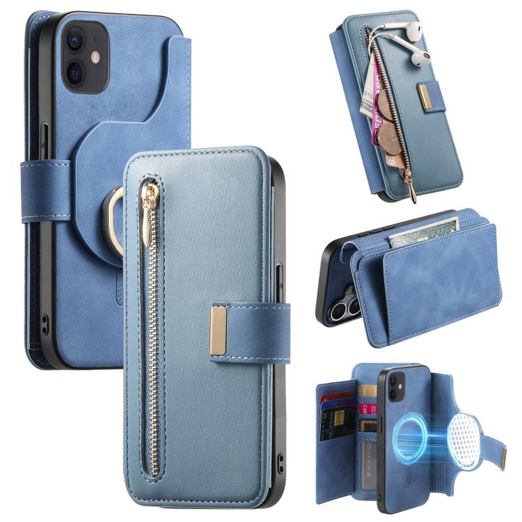Portafoglio con cerniera ad anelli, protezione RFID, custodia per telefono in pelle MagSafe, For iPhone 11 Pro Max, For iPhone 11, For iPhone 11 Pro