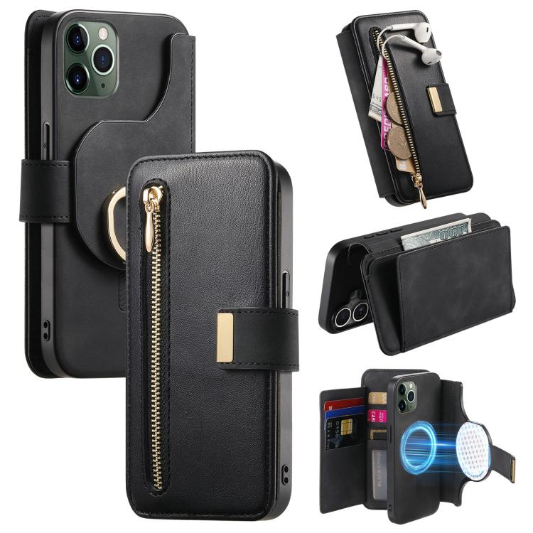 Portafoglio con cerniera ad anelli, protezione RFID, custodia per telefono in pelle MagSafe, For iPhone 11 Pro Max, For iPhone 11, For iPhone 11 Pro