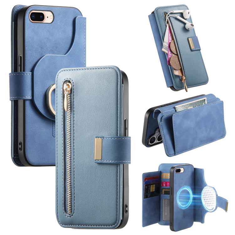 Portafoglio con cerniera ad anelli, protezione RFID, custodia per telefono in pelle MagSafe, For iPhone 7 Plus / 8 Plus