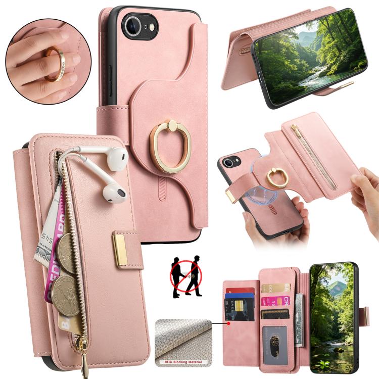 Portafoglio con cerniera ad anelli, protezione RFID, custodia per telefono in pelle MagSafe, For iPhone 17e / 16e, For iPhone 16 Pro Max, For iPhone 16 Pro