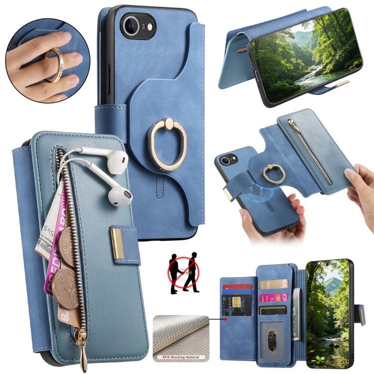 Portafoglio con cerniera ad anelli, protezione RFID, custodia per telefono in pelle MagSafe, For iPhone 17e / 16e, For iPhone 16 Pro Max, For iPhone 16 Pro