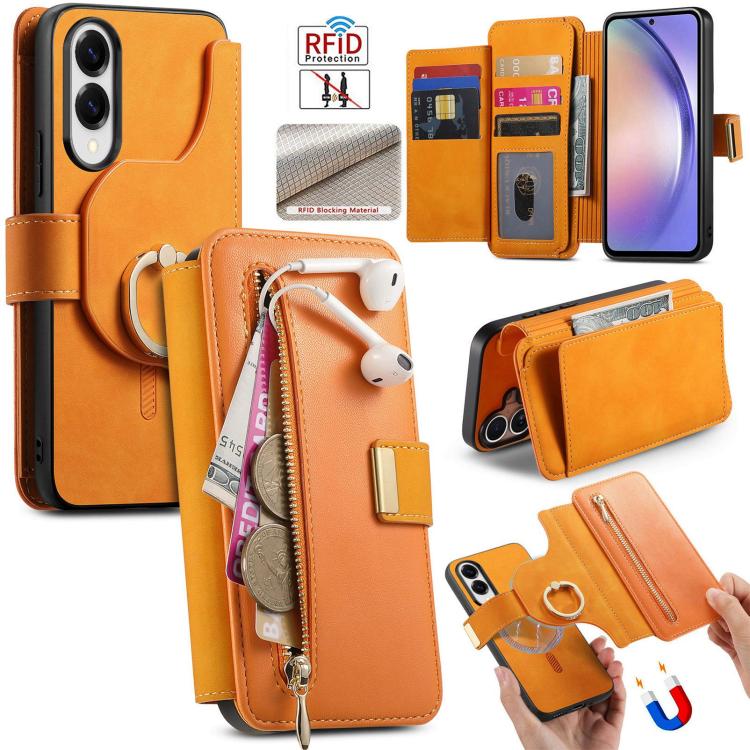 Portafoglio con cerniera ad anello, protezione RFID, custodia per telefono in pelle MagSafe, For Galaxy S25 FE 5G, For Galaxy S25 Edge 5G, For Galaxy S24 FE 5G