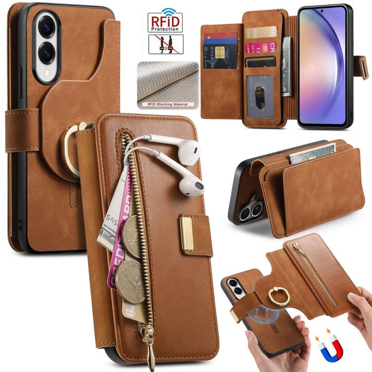 Portafoglio con cerniera ad anello, protezione RFID, custodia per telefono in pelle MagSafe, For Galaxy S25 FE 5G, For Galaxy S25 Edge 5G, For Galaxy S24 FE 5G