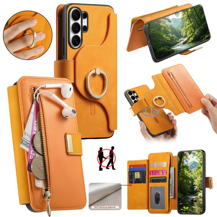 Portafoglio con cerniera ad anello, protezione RFID, custodia per telefono in pelle MagSafe, For Galaxy S24+ 5G, For Galaxy S23 FE 5G, For Galaxy S23 Ultra 5G