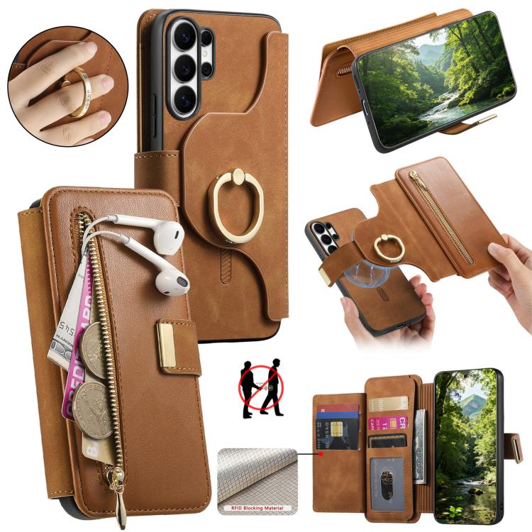 Portafoglio con cerniera ad anello, protezione RFID, custodia per telefono in pelle MagSafe, For Galaxy S24+ 5G, For Galaxy S23 FE 5G, For Galaxy S23 Ultra 5G