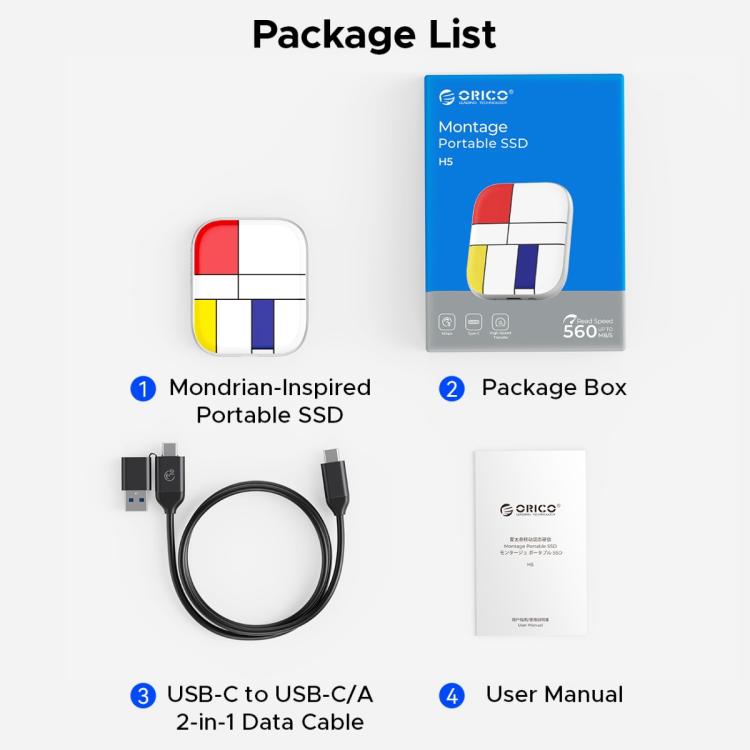 ORICO-H5 2.5 inch Mondrian-Inspired Portable Type-C External SSD, 128GB, 256GB, 512GB, 1TB, 2TB, 4TB