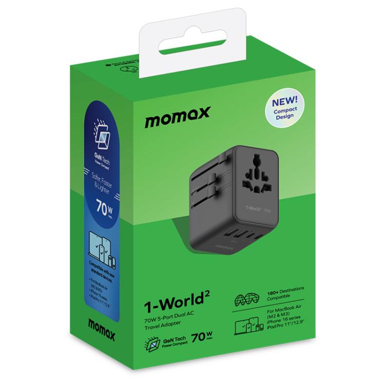 Caricabatterie da viaggio MOMAX UA22 70W Dual AC GaN
