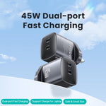 Caricabatterie rapido USAMS 45W Dual USB-C GaN UK Plug