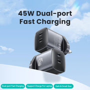 USAMS CC307 T66 45W Dual USB-C / Type-C GaN Fast Charger, UK Plug, CC307