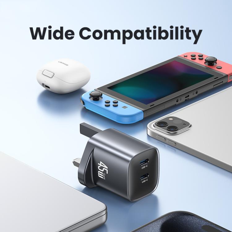 Caricabatterie rapido USAMS 45W Dual USB-C GaN UK Plug