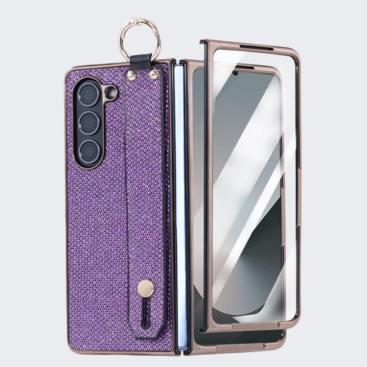Custodia per telefono antiurto integrata in policarbonato galvanizzato con texture glitterata e cinturino/anello da polso., For Samsung Galaxy Z Fold7 5G, For Samsung Galaxy Z Fold6 5G, For Samsung Galaxy Z Fold5 5G
