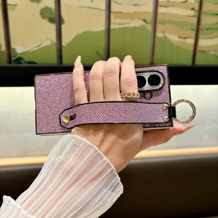 Custodia per telefono antiurto integrata in policarbonato galvanizzato con texture glitterata e cinturino/anello da polso., For Samsung Galaxy Z Fold7 5G, For Samsung Galaxy Z Fold6 5G, For Samsung Galaxy Z Fold5 5G