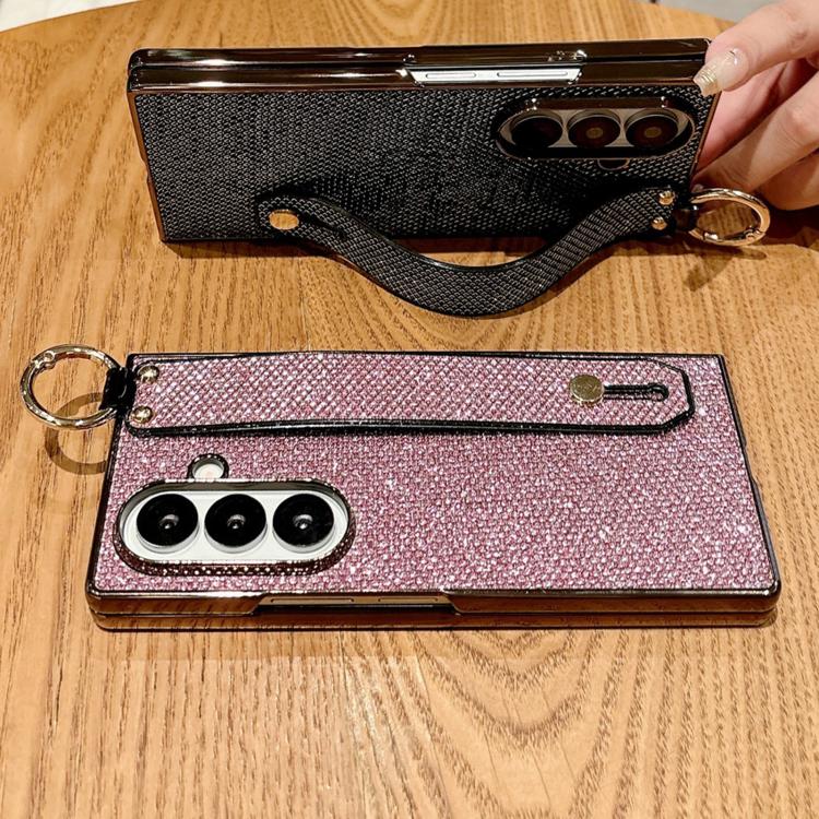 Custodia per telefono antiurto integrata in policarbonato galvanizzato con texture glitterata e cinturino/anello da polso., For Samsung Galaxy Z Fold7 5G, For Samsung Galaxy Z Fold6 5G, For Samsung Galaxy Z Fold5 5G