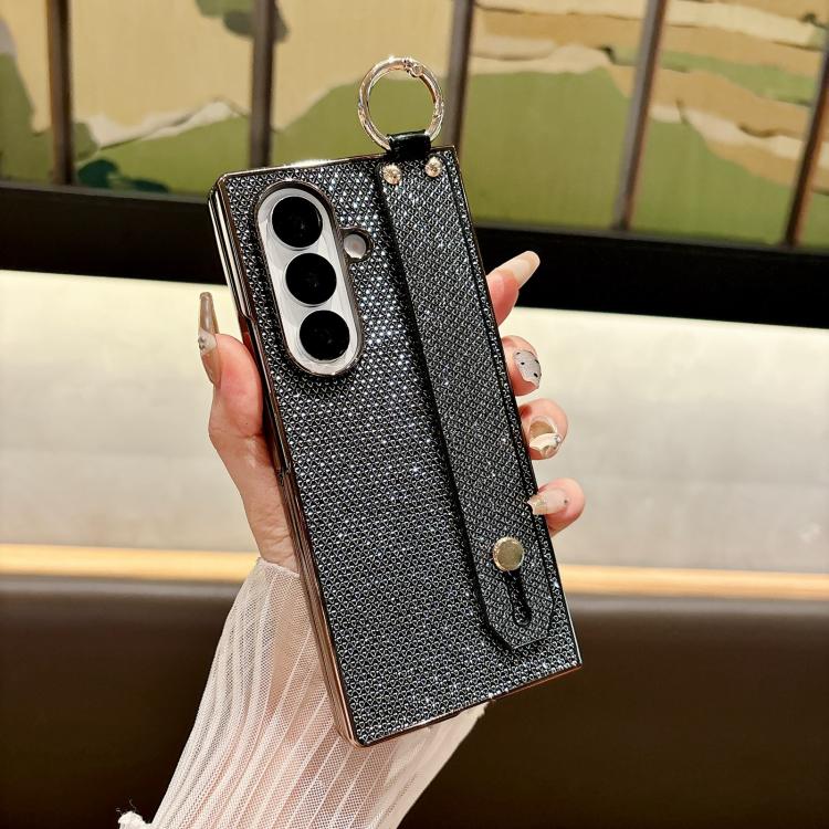 Custodia per telefono antiurto integrata in policarbonato galvanizzato con texture glitterata e cinturino/anello da polso., For Samsung Galaxy Z Fold7 5G, For Samsung Galaxy Z Fold6 5G, For Samsung Galaxy Z Fold5 5G