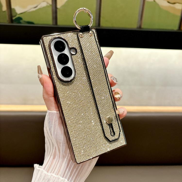 Custodia per telefono antiurto integrata in policarbonato galvanizzato con texture glitterata e cinturino/anello da polso., For Samsung Galaxy Z Fold7 5G, For Samsung Galaxy Z Fold6 5G, For Samsung Galaxy Z Fold5 5G