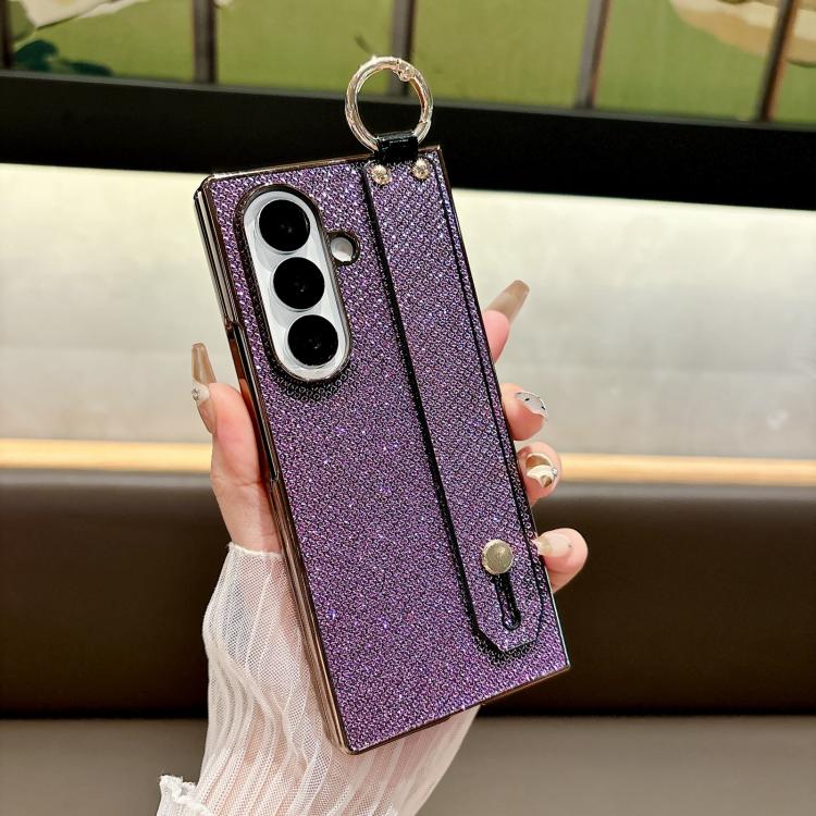 Custodia per telefono antiurto integrata in policarbonato galvanizzato con texture glitterata e cinturino/anello da polso., For Samsung Galaxy Z Fold7 5G, For Samsung Galaxy Z Fold6 5G, For Samsung Galaxy Z Fold5 5G