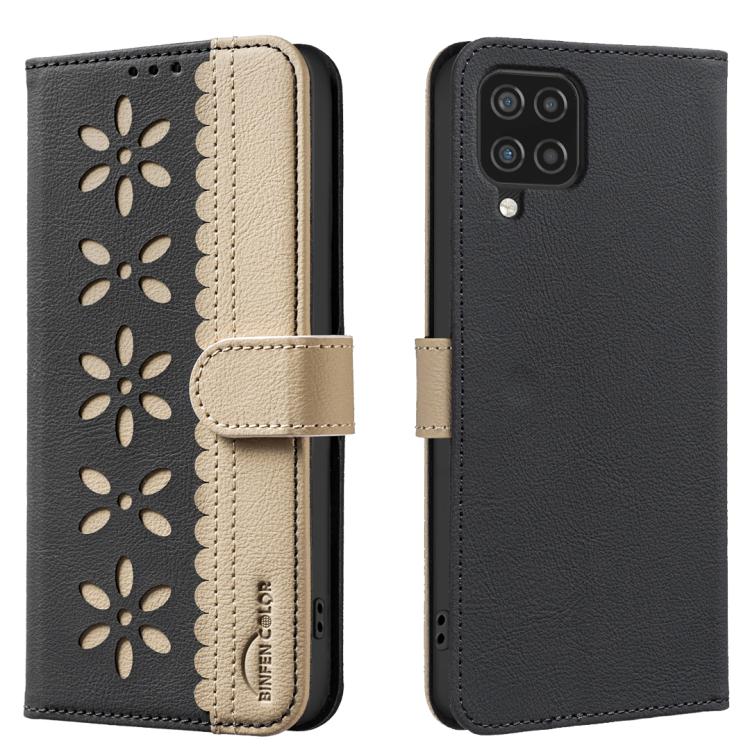 Custodia per telefono in pelle con motivo floreale traforato e protezione RFID., For Samsung Galaxy A12