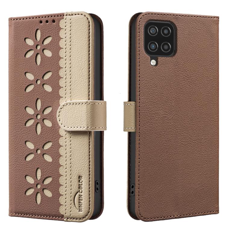 Custodia per telefono in pelle con motivo floreale traforato e protezione RFID., For Samsung Galaxy A12