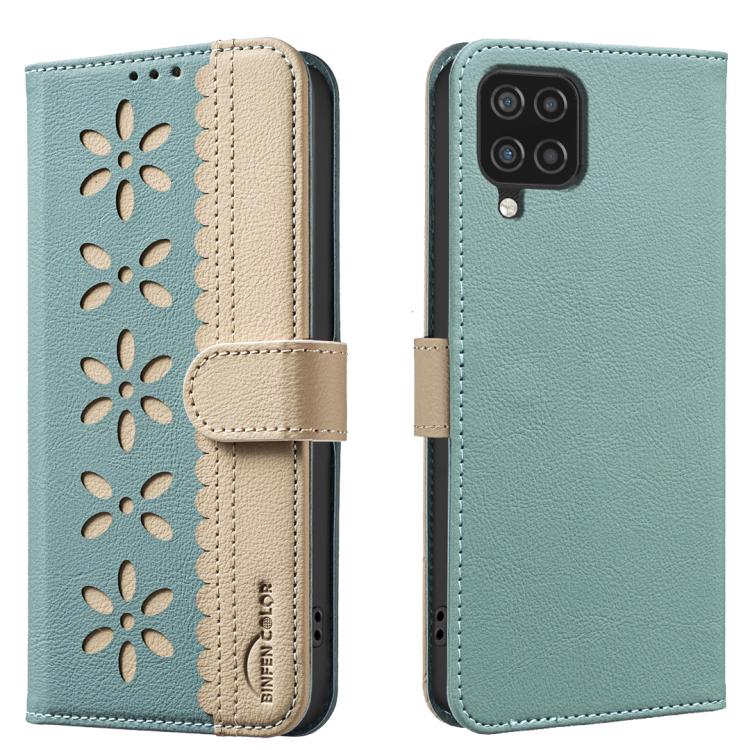 Custodia per telefono in pelle con motivo floreale traforato e protezione RFID., For Samsung Galaxy A12