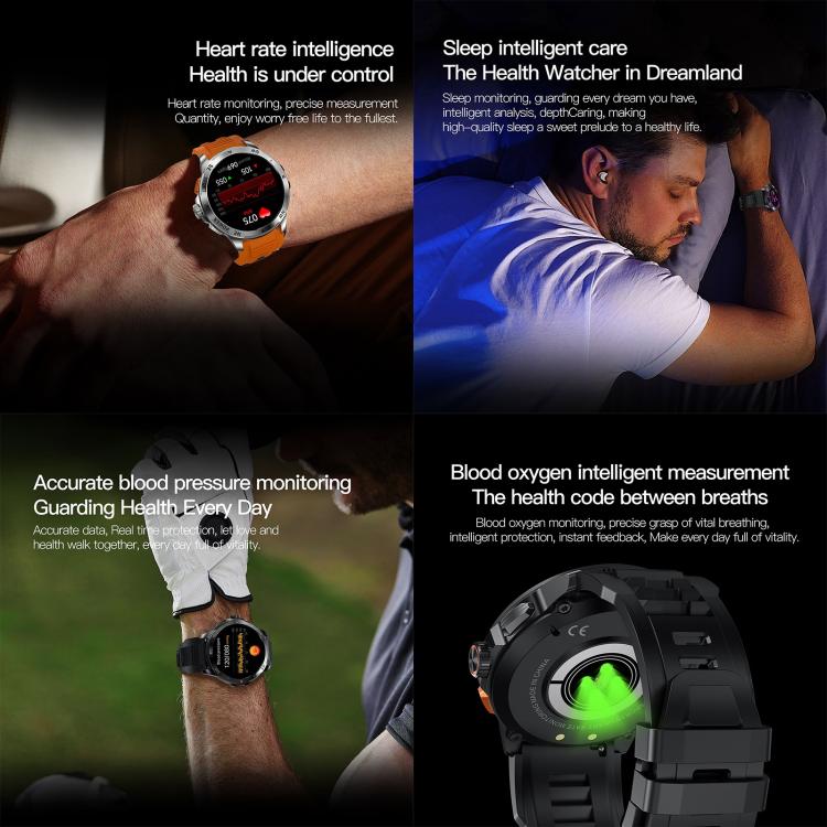 Smartwatch AK77 con chiamate Bluetooth, supporto per il monitoraggio dell'ossigeno nel sangue, della pressione sanguigna, della frequenza cardiaca e della salute durante l'attività sportiva.