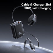 USAMS CC297 30W Fast Charger With Retractable USB-C / Type-C Cable, US Plug